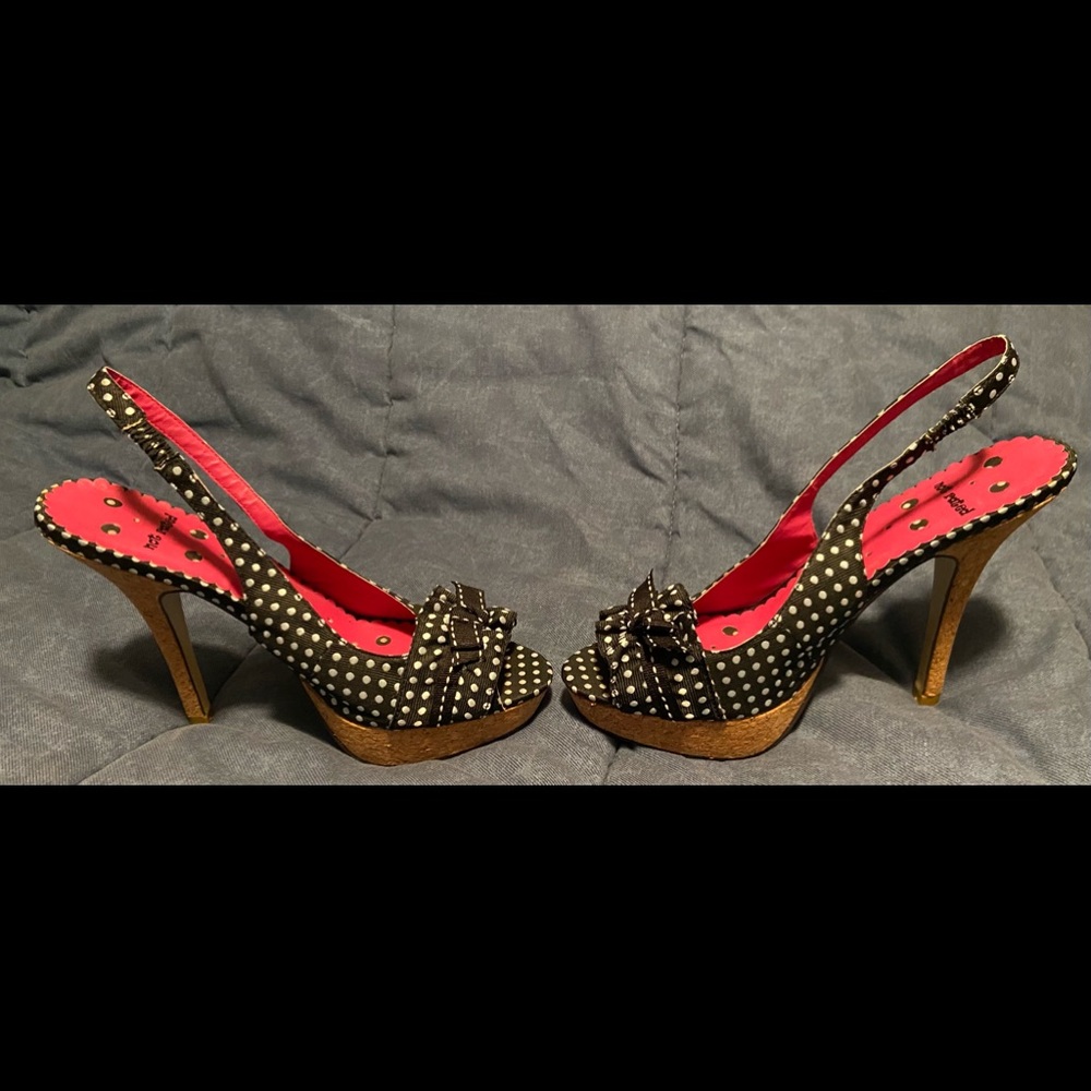 Women’s Not Rated size 8.5 Black with white polka dots peekaboo sling back heels